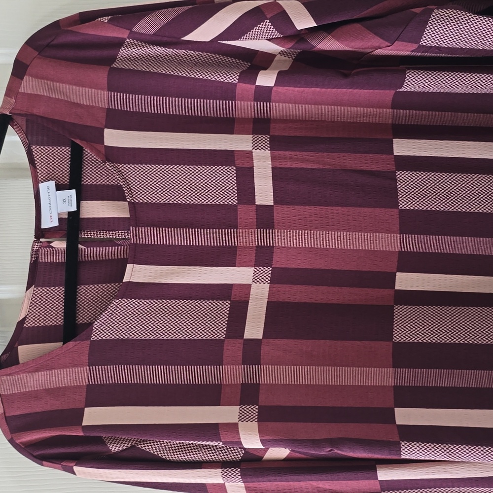 LIZ CLAIBORNE BRAND WOMEN'S PLUS SIZE WINE PLAID PULLOVER TUNIC TOP SIZE 3X